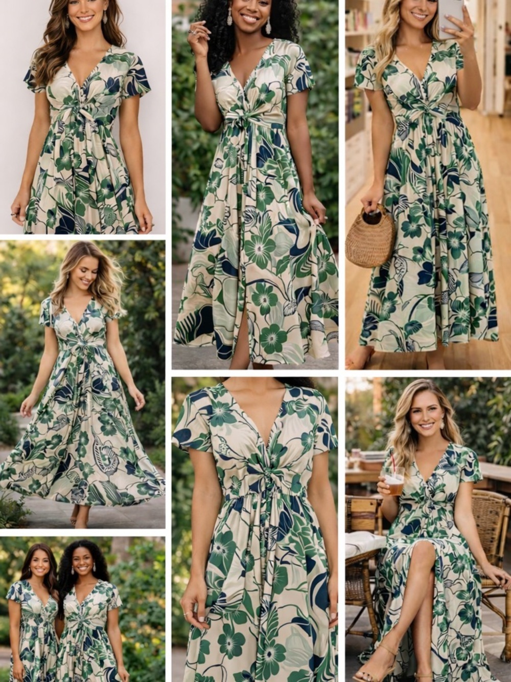 Olivaceous Women's Palm Print Front Splits Drop Shoulder V-neck Maxi Dress Sz S